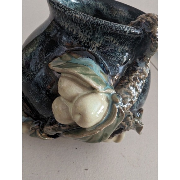 Studio art vase Navy and white with 3D style Branch, leaves, and fruit Signed - Picture 5 of 6
